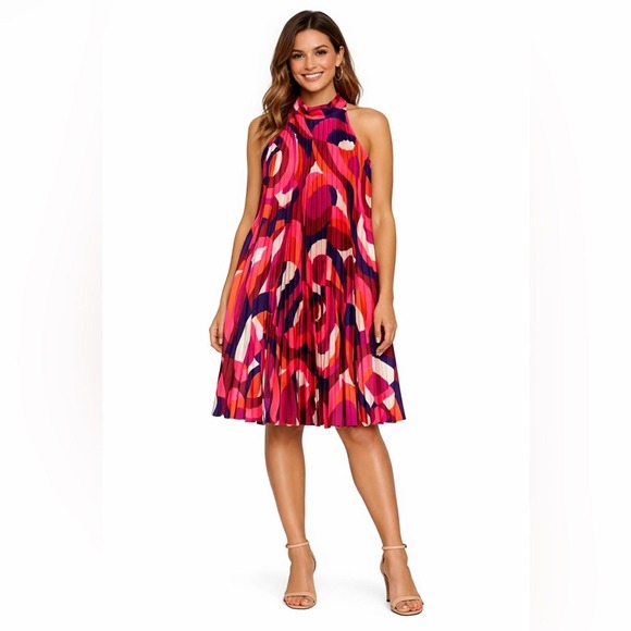 New York & Company Dresses & Skirts - NY & Co Halter Neck Pleated Flowy Dress Knee High Length Pink Red Purple M